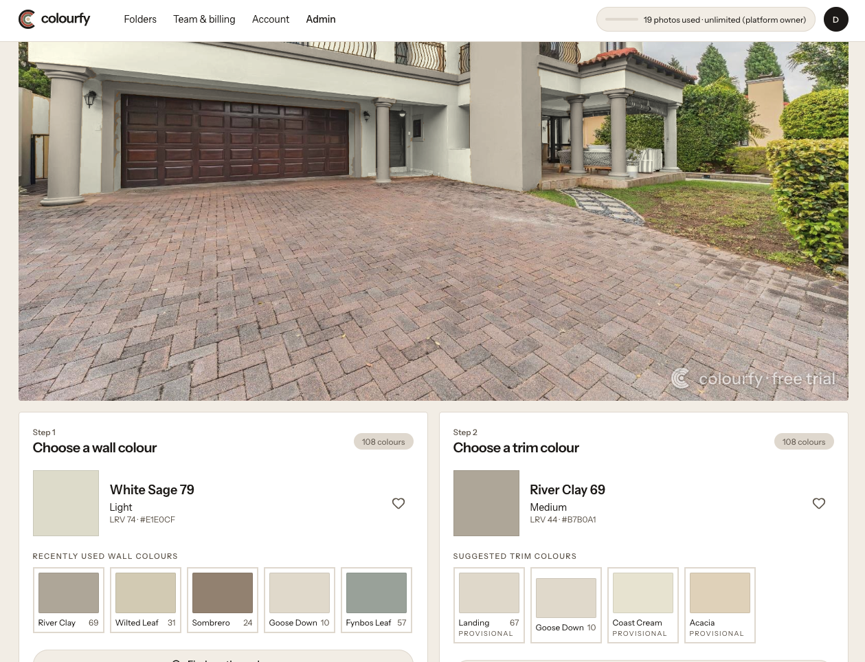 The Colourfy app showing wall and trim colour selection on a driveway photo