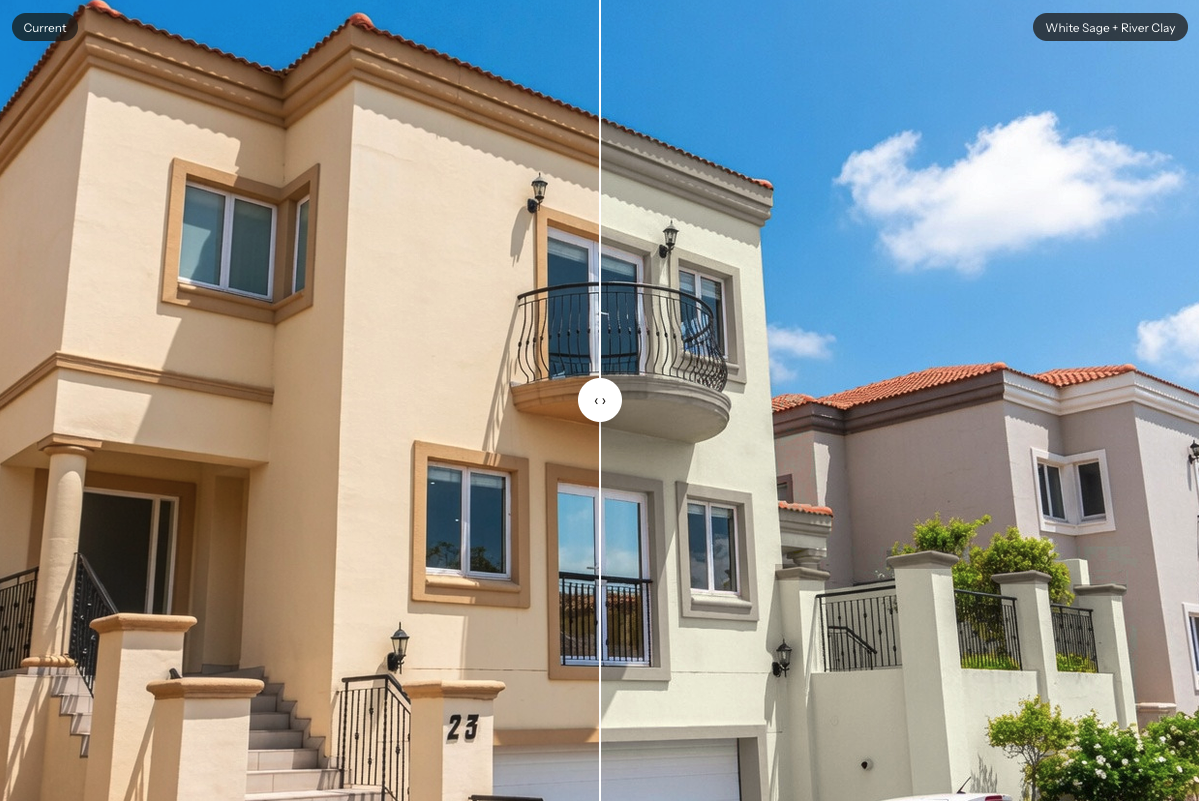 Before and after comparison of a house exterior recoloured with Colourfy — White Sage walls with River Clay trim