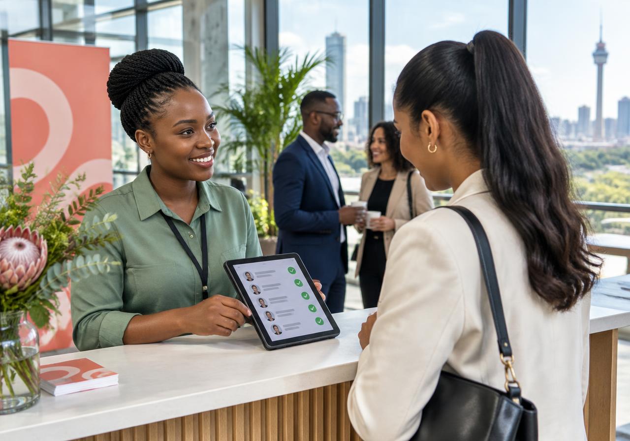 Guests arriving at a business event managed with Mailblaze RSVP and check-in